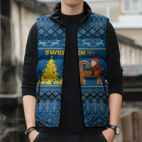Sweden Christmas Sleeveless Puffer Jacket with Gnome Yule Goat Royal Crest and Nordic Pattern - Wonder Print Shop
