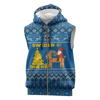 Sweden Christmas Sleeveless Zip Hoodie with Gnome Yule Goat Royal Crest and Nordic Pattern - Wonder Print Shop