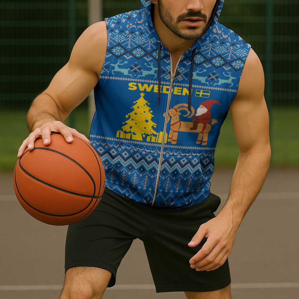 Sweden Christmas Sleeveless Zip Hoodie with Gnome Yule Goat Royal Crest and Nordic Pattern - Wonder Print Shop