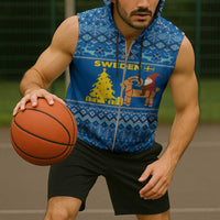 Sweden Christmas Sleeveless Zip Hoodie with Gnome Yule Goat Royal Crest and Nordic Pattern - Wonder Print Shop