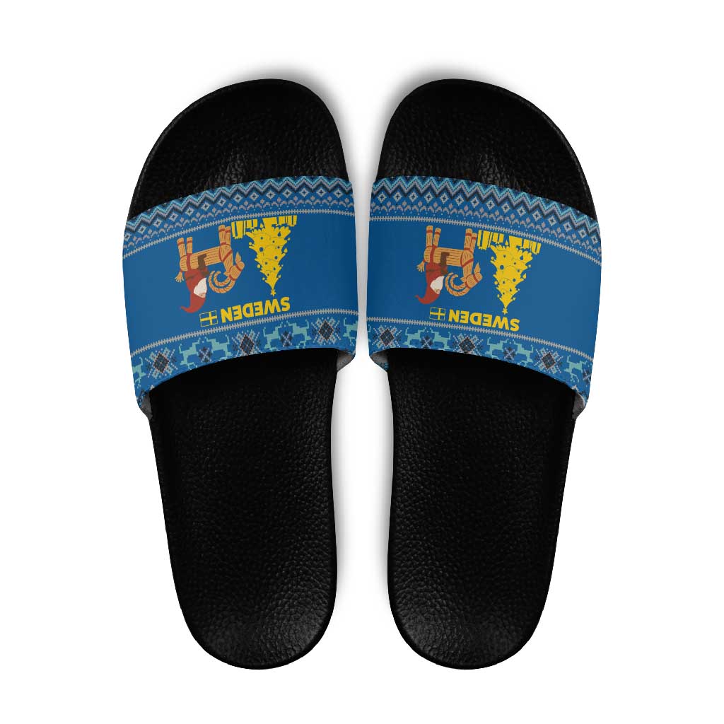 Sweden Christmas Slide Sandals with Gnome Yule Goat Royal Crest and Nordic Pattern - Wonder Print Shop