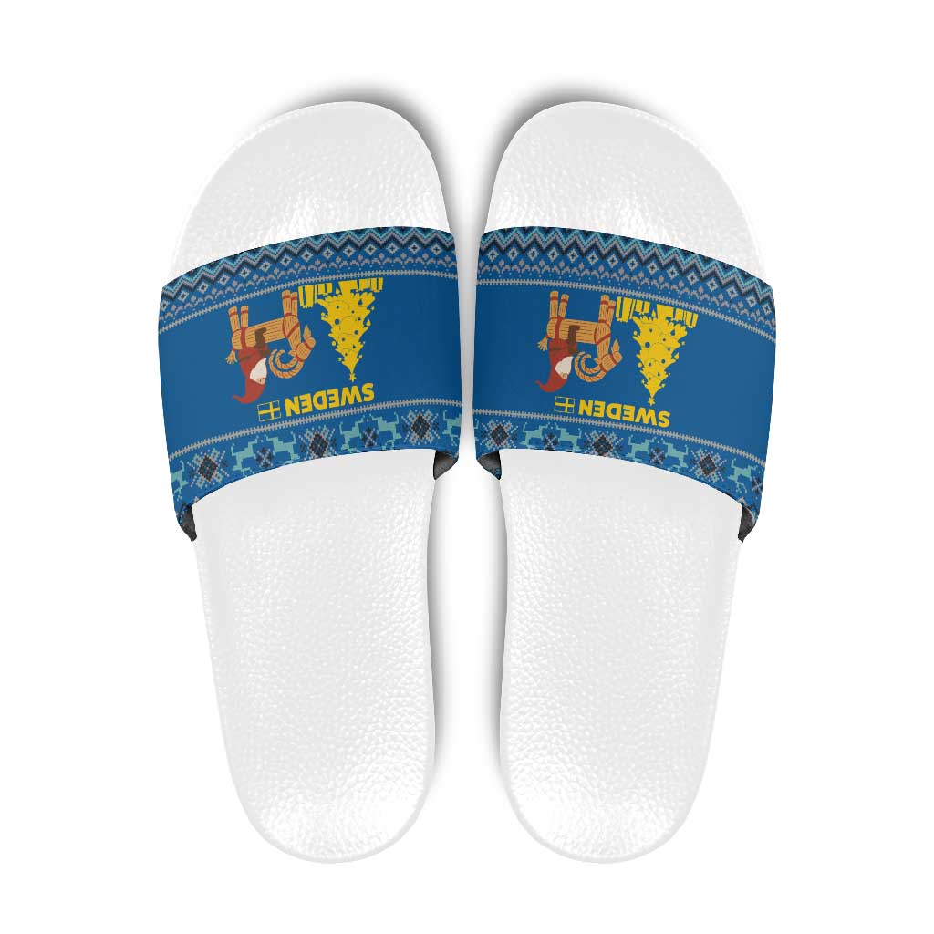 Sweden Christmas Slide Sandals with Gnome Yule Goat Royal Crest and Nordic Pattern - Wonder Print Shop