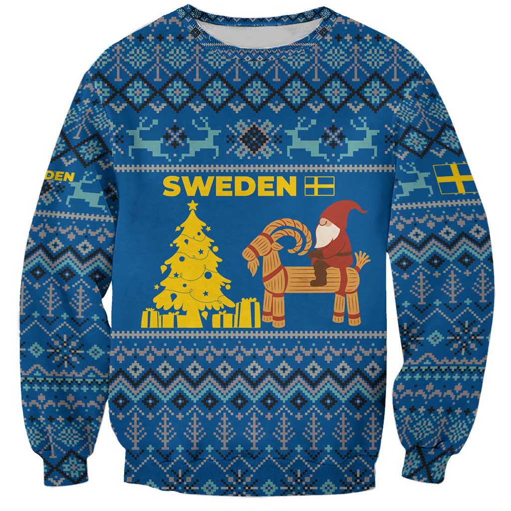 Sweden Christmas Sweatshirt with Gnome Yule Goat Royal Crest and Nordic Pattern - Wonder Print Shop