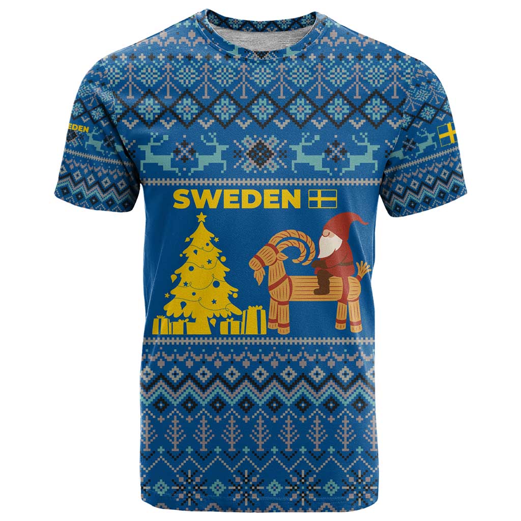 Sweden Christmas T Shirt with Gnome Yule Goat Royal Crest and Nordic Pattern - Wonder Print Shop