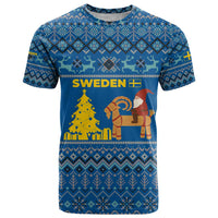 Sweden Christmas T Shirt with Gnome Yule Goat Royal Crest and Nordic Pattern - Wonder Print Shop