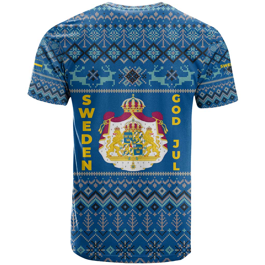 Sweden Christmas T Shirt with Gnome Yule Goat Royal Crest and Nordic Pattern - Wonder Print Shop