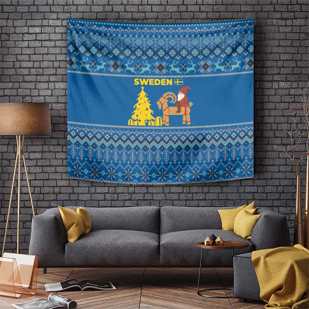 Sweden Christmas Tapestry with Gnome Yule Goat Royal Crest and Nordic Pattern - Wonder Print Shop