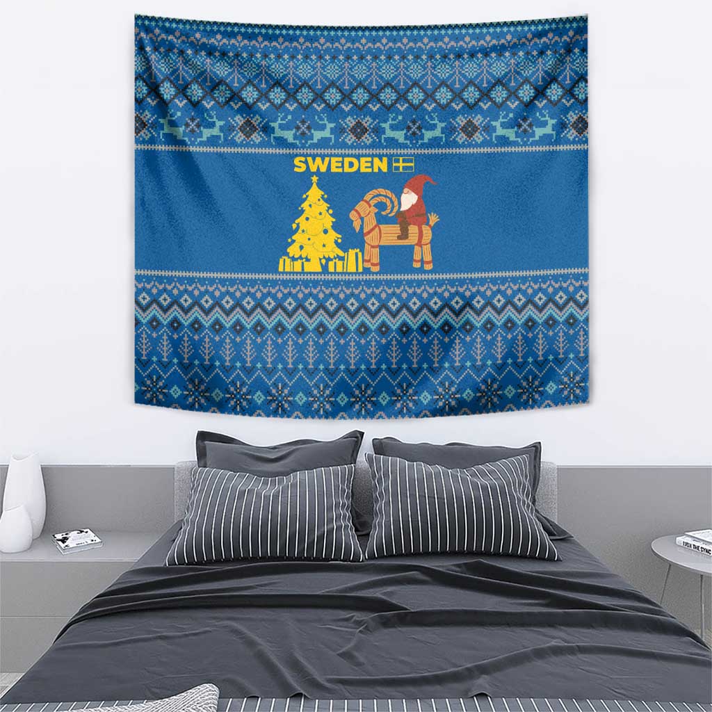 Sweden Christmas Tapestry with Gnome Yule Goat Royal Crest and Nordic Pattern - Wonder Print Shop