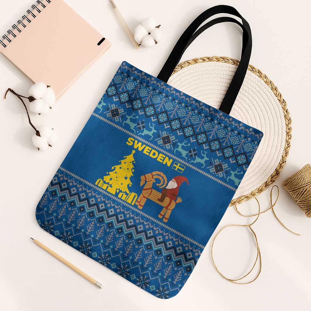 Sweden Christmas Tote Bag with Gnome Yule Goat Royal Crest and Nordic Pattern - Wonder Print Shop
