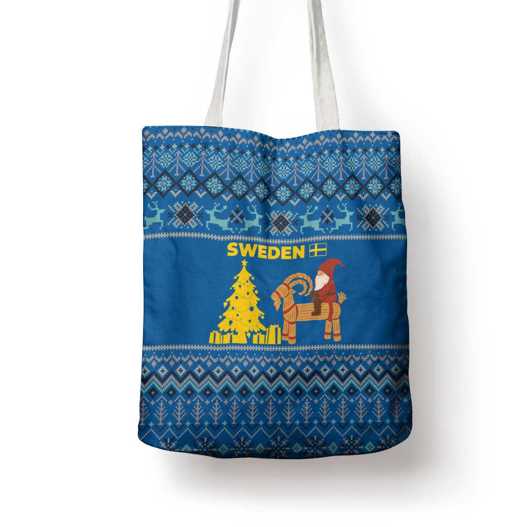 Sweden Christmas Tote Bag with Gnome Yule Goat Royal Crest and Nordic Pattern - Wonder Print Shop