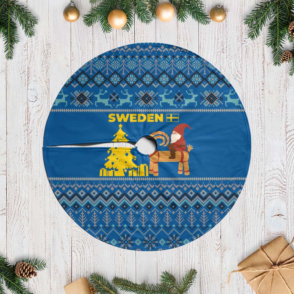 Sweden Christmas Tree Skirt with Gnome Yule Goat Royal Crest and Nordic Pattern - Wonder Print Shop