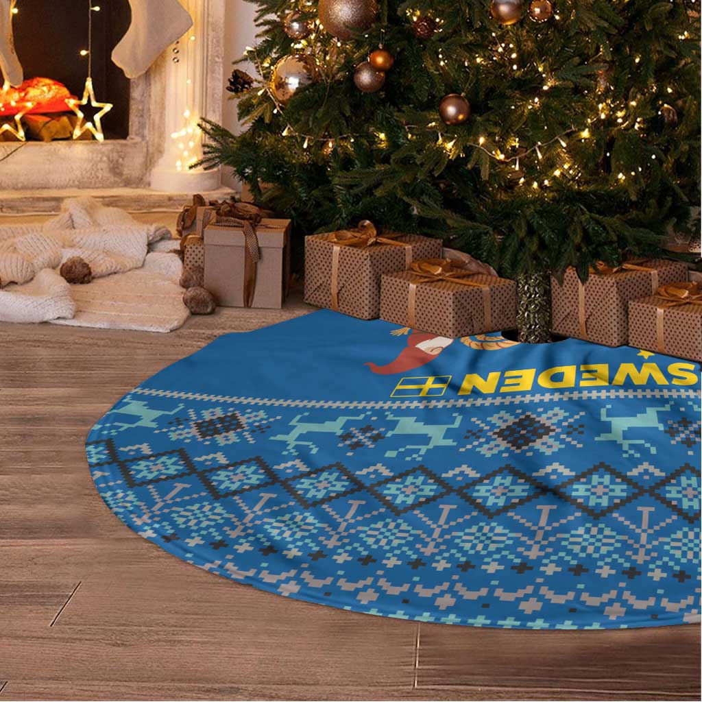 Sweden Christmas Tree Skirt with Gnome Yule Goat Royal Crest and Nordic Pattern - Wonder Print Shop