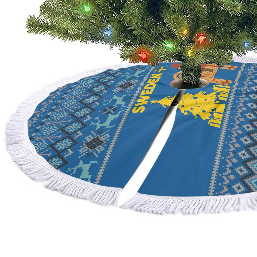 Sweden Christmas Tree Skirt with Gnome Yule Goat Royal Crest and Nordic Pattern - Wonder Print Shop