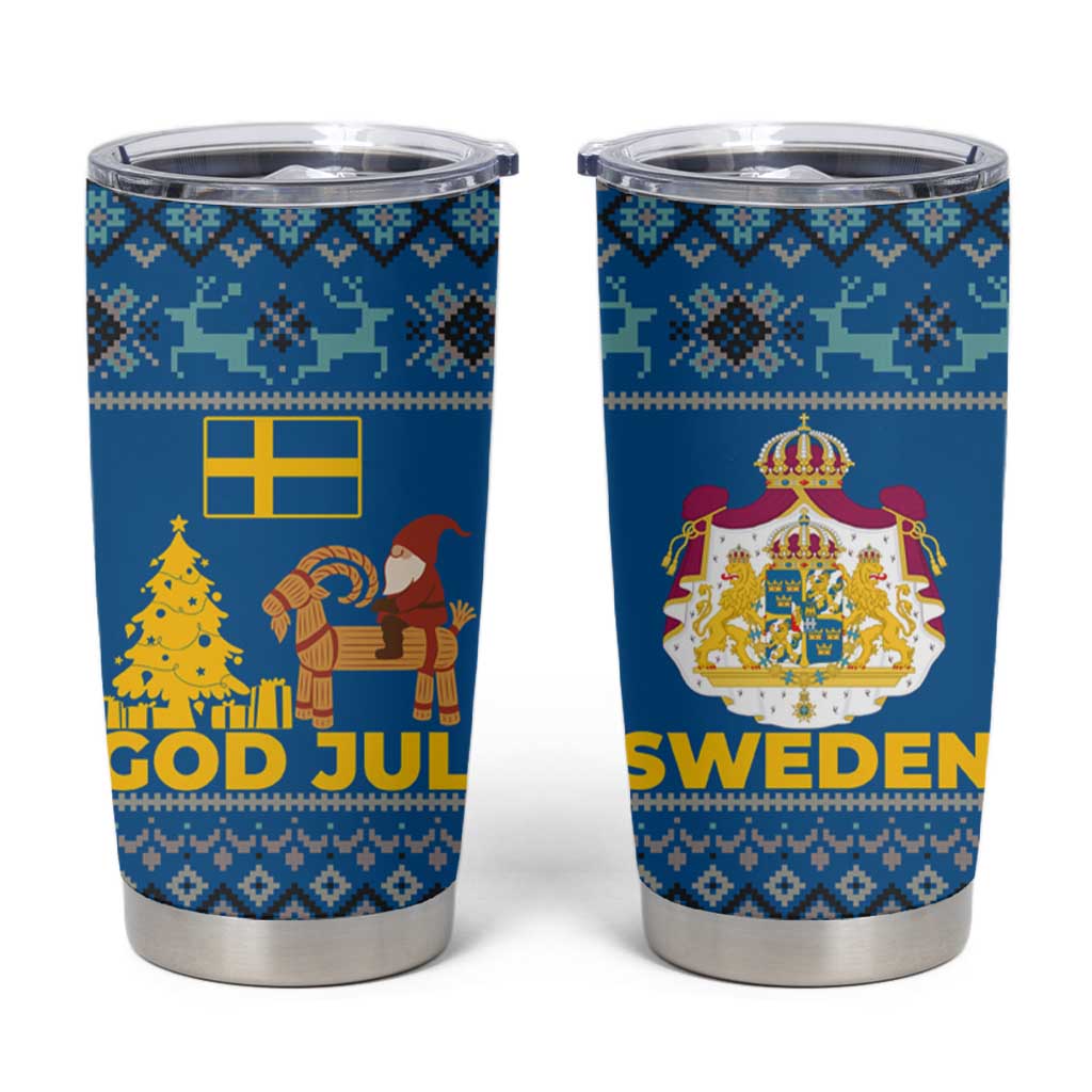 Sweden Christmas Tumbler Cup with Gnome Yule Goat Royal Crest and Nordic Pattern - Wonder Print Shop