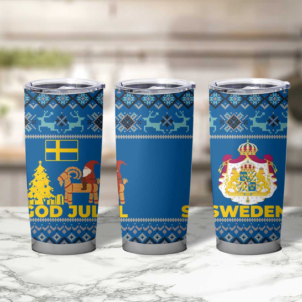 Sweden Christmas Tumbler Cup with Gnome Yule Goat Royal Crest and Nordic Pattern - Wonder Print Shop