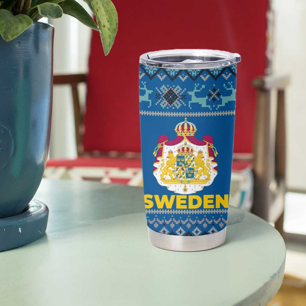 Sweden Christmas Tumbler Cup with Gnome Yule Goat Royal Crest and Nordic Pattern - Wonder Print Shop