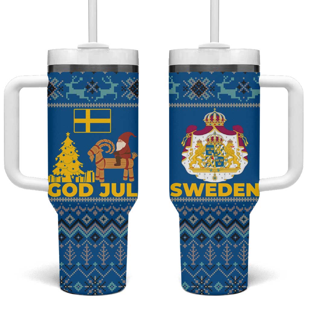 Sweden Christmas Tumbler With Handle with Gnome Yule Goat Royal Crest and Nordic Pattern - Wonder Print Shop