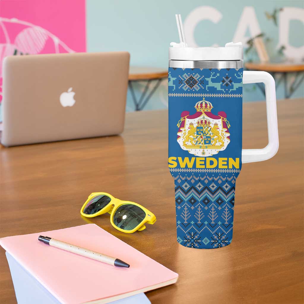 Sweden Christmas Tumbler With Handle with Gnome Yule Goat Royal Crest and Nordic Pattern - Wonder Print Shop