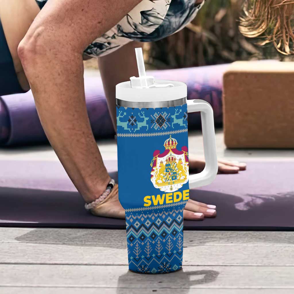 Sweden Christmas Tumbler With Handle with Gnome Yule Goat Royal Crest and Nordic Pattern - Wonder Print Shop