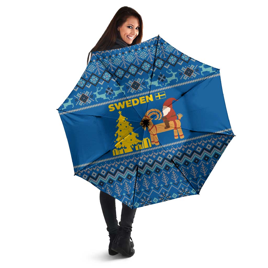 Sweden Christmas Umbrella with Gnome Yule Goat Royal Crest and Nordic Pattern - Wonder Print Shop