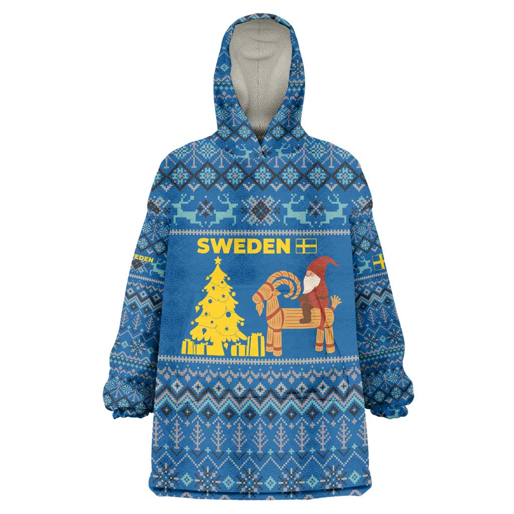 Sweden Christmas Wearable Blanket Hoodie with Gnome Yule Goat Royal Crest and Nordic Pattern - Wonder Print Shop