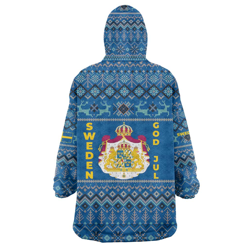 Sweden Christmas Wearable Blanket Hoodie with Gnome Yule Goat Royal Crest and Nordic Pattern - Wonder Print Shop