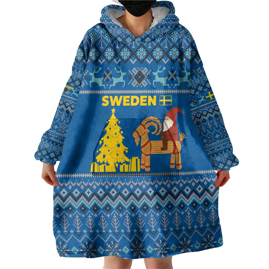 Sweden Christmas Wearable Blanket Hoodie with Gnome Yule Goat Royal Crest and Nordic Pattern - Wonder Print Shop