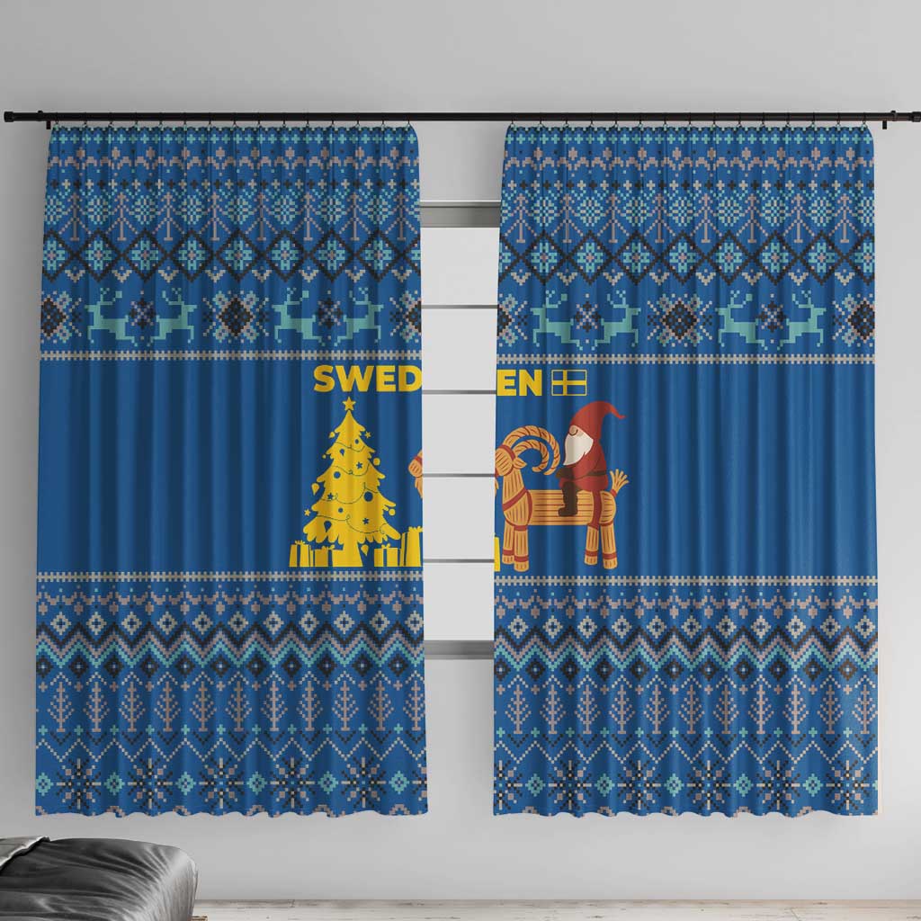 Sweden Christmas Window Curtain with Gnome Yule Goat Royal Crest and Nordic Pattern - Wonder Print Shop