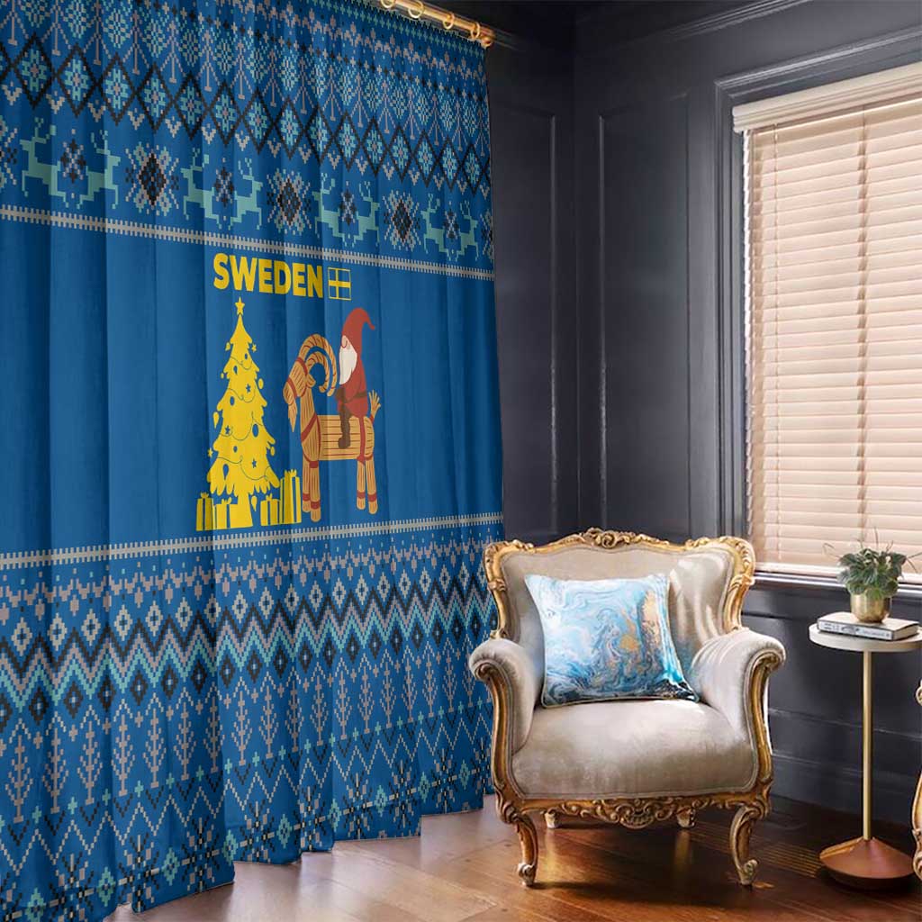 Sweden Christmas Window Curtain with Gnome Yule Goat Royal Crest and Nordic Pattern - Wonder Print Shop