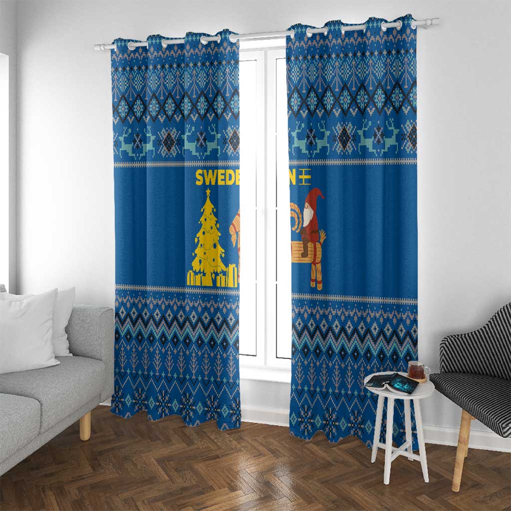 Sweden Christmas Window Curtain with Gnome Yule Goat Royal Crest and Nordic Pattern - Wonder Print Shop