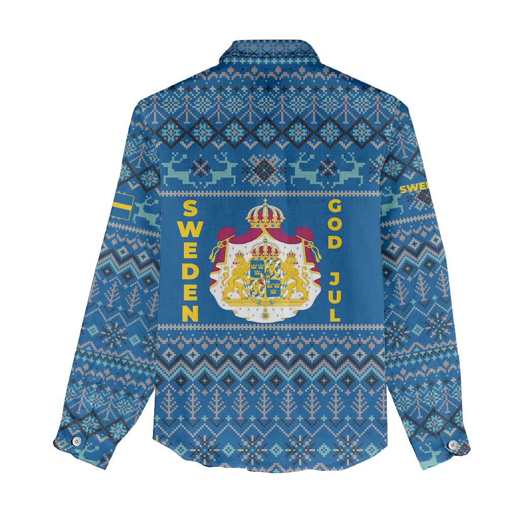 Sweden Christmas Women Casual Shirt with Gnome Yule Goat Royal Crest and Nordic Pattern - Wonder Print Shop