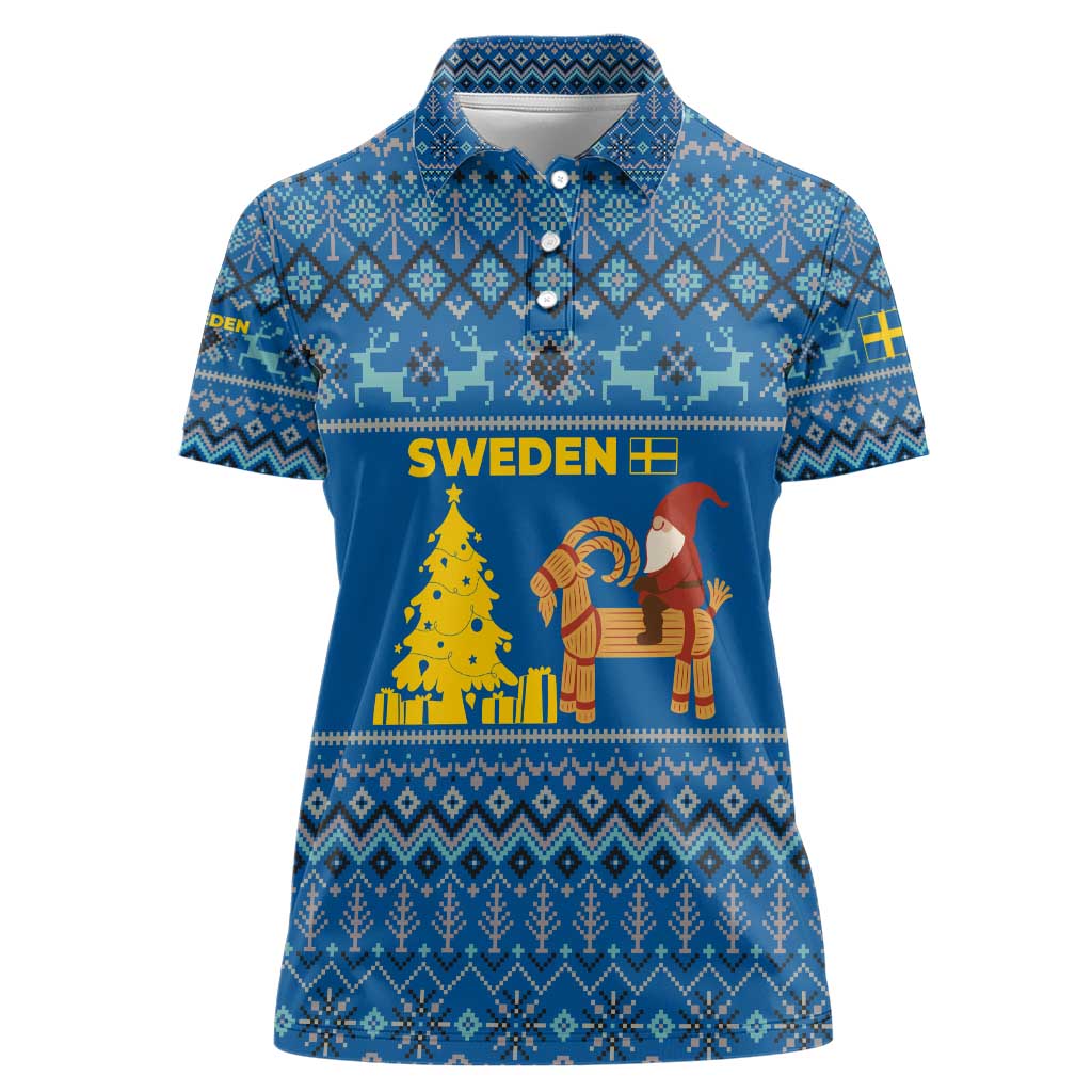 Sweden Christmas Women Polo Shirt with Gnome Yule Goat Royal Crest and Nordic Pattern - Wonder Print Shop