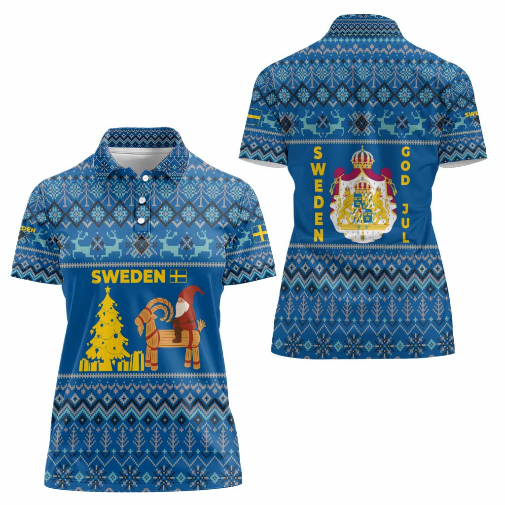 Sweden Christmas Women Polo Shirt with Gnome Yule Goat Royal Crest and Nordic Pattern - Wonder Print Shop