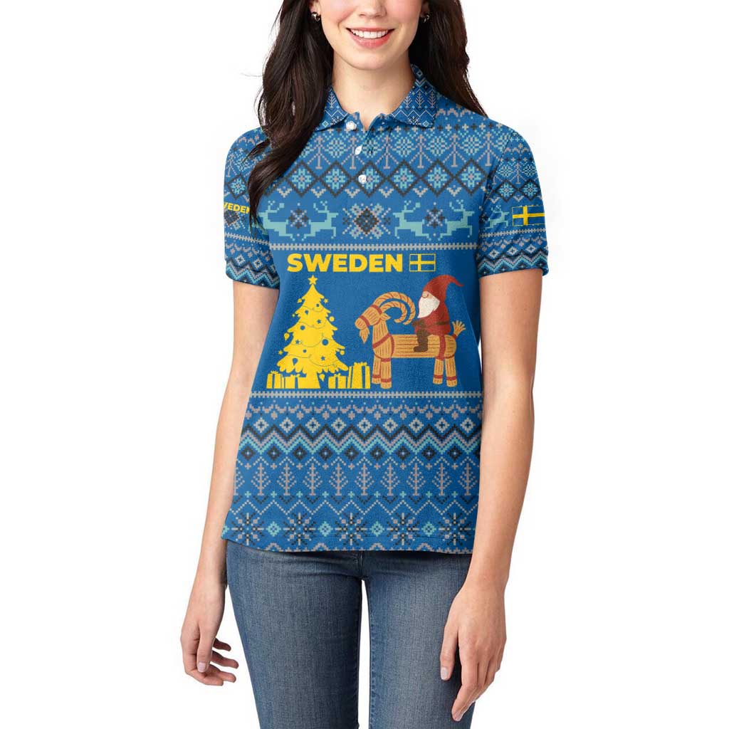 Sweden Christmas Women Polo Shirt with Gnome Yule Goat Royal Crest and Nordic Pattern - Wonder Print Shop