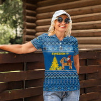 Sweden Christmas Women Polo Shirt with Gnome Yule Goat Royal Crest and Nordic Pattern - Wonder Print Shop