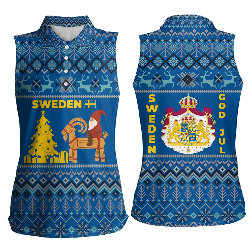 Sweden Christmas Women Sleeveless Polo Shirt with Gnome Yule Goat Royal Crest and Nordic Pattern - Wonder Print Shop