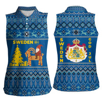 Sweden Christmas Women Sleeveless Polo Shirt with Gnome Yule Goat Royal Crest and Nordic Pattern - Wonder Print Shop
