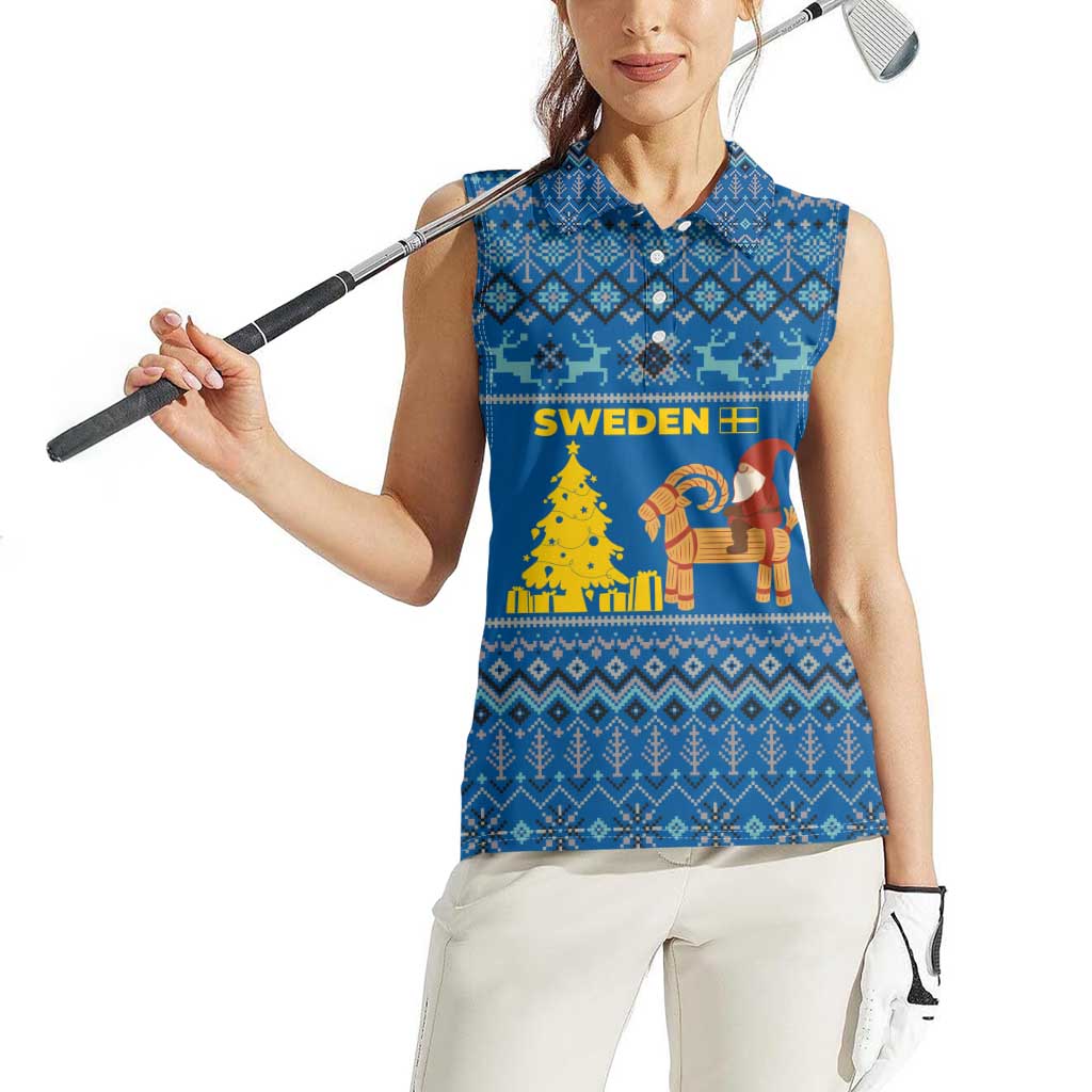 Sweden Christmas Women Sleeveless Polo Shirt with Gnome Yule Goat Royal Crest and Nordic Pattern - Wonder Print Shop