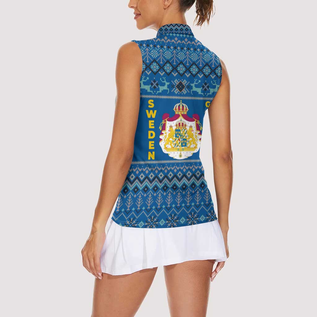 Sweden Christmas Women Sleeveless Polo Shirt with Gnome Yule Goat Royal Crest and Nordic Pattern - Wonder Print Shop