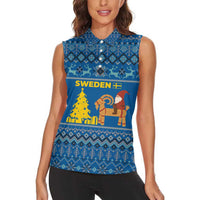 Sweden Christmas Women Sleeveless Polo Shirt with Gnome Yule Goat Royal Crest and Nordic Pattern - Wonder Print Shop