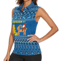 Sweden Christmas Women Sleeveless Polo Shirt with Gnome Yule Goat Royal Crest and Nordic Pattern - Wonder Print Shop