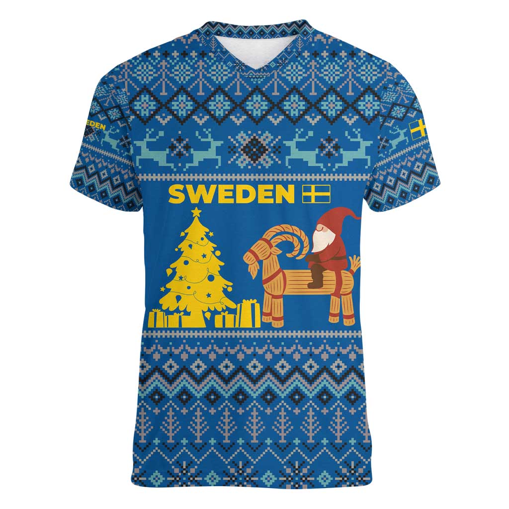 Sweden Christmas Women V-Neck T-Shirt with Gnome Yule Goat Royal Crest and Nordic Pattern - Wonder Print Shop