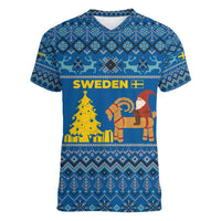 Sweden Christmas Women V-Neck T-Shirt with Gnome Yule Goat Royal Crest and Nordic Pattern - Wonder Print Shop