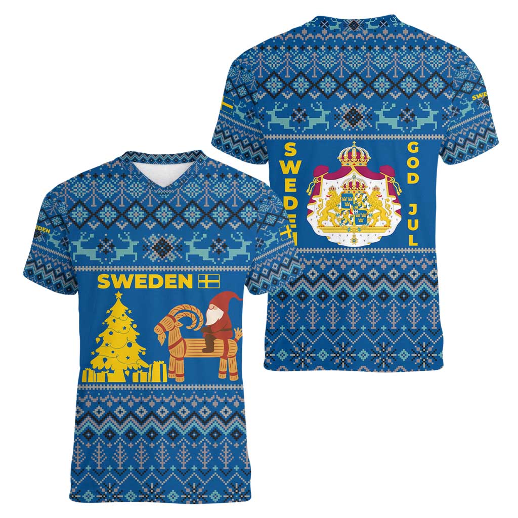 Sweden Christmas Women V-Neck T-Shirt with Gnome Yule Goat Royal Crest and Nordic Pattern - Wonder Print Shop