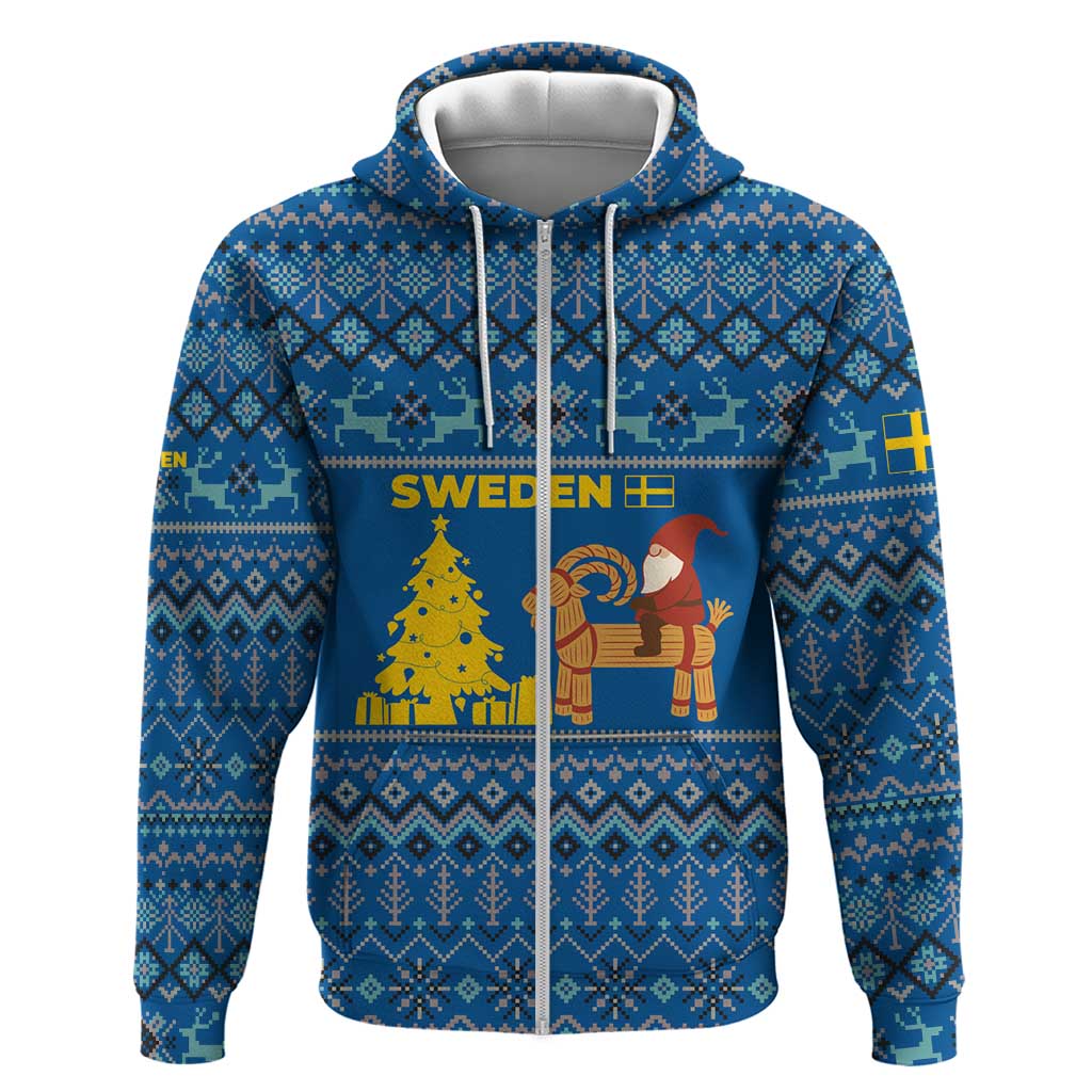 Sweden Christmas Zip Hoodie with Gnome Yule Goat Royal Crest and Nordic Pattern - Wonder Print Shop