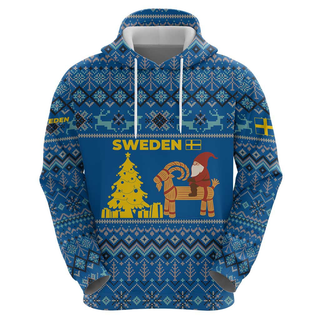 Sweden Christmas Zip Hoodie with Gnome Yule Goat Royal Crest and Nordic Pattern - Wonder Print Shop