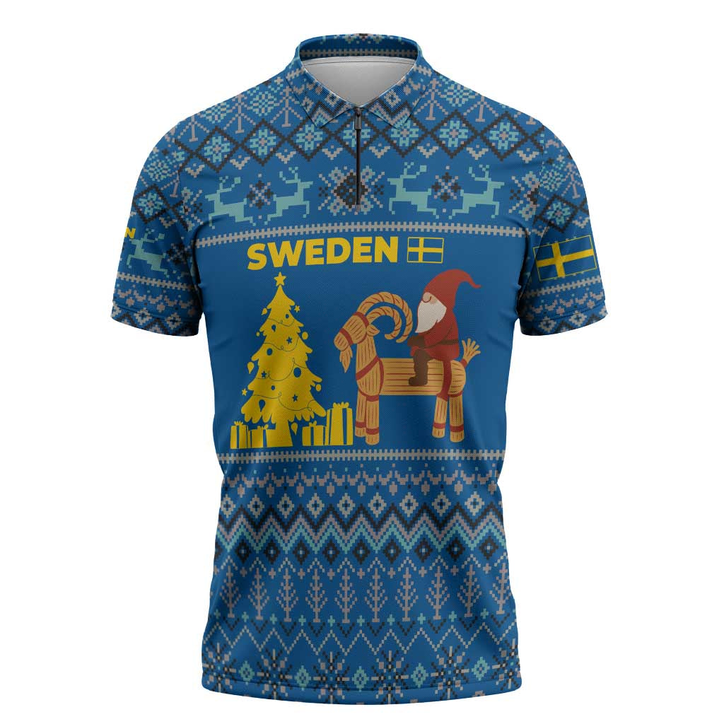 Sweden Christmas Zipper Polo Shirt with Gnome Yule Goat Royal Crest and Nordic Pattern - Wonder Print Shop