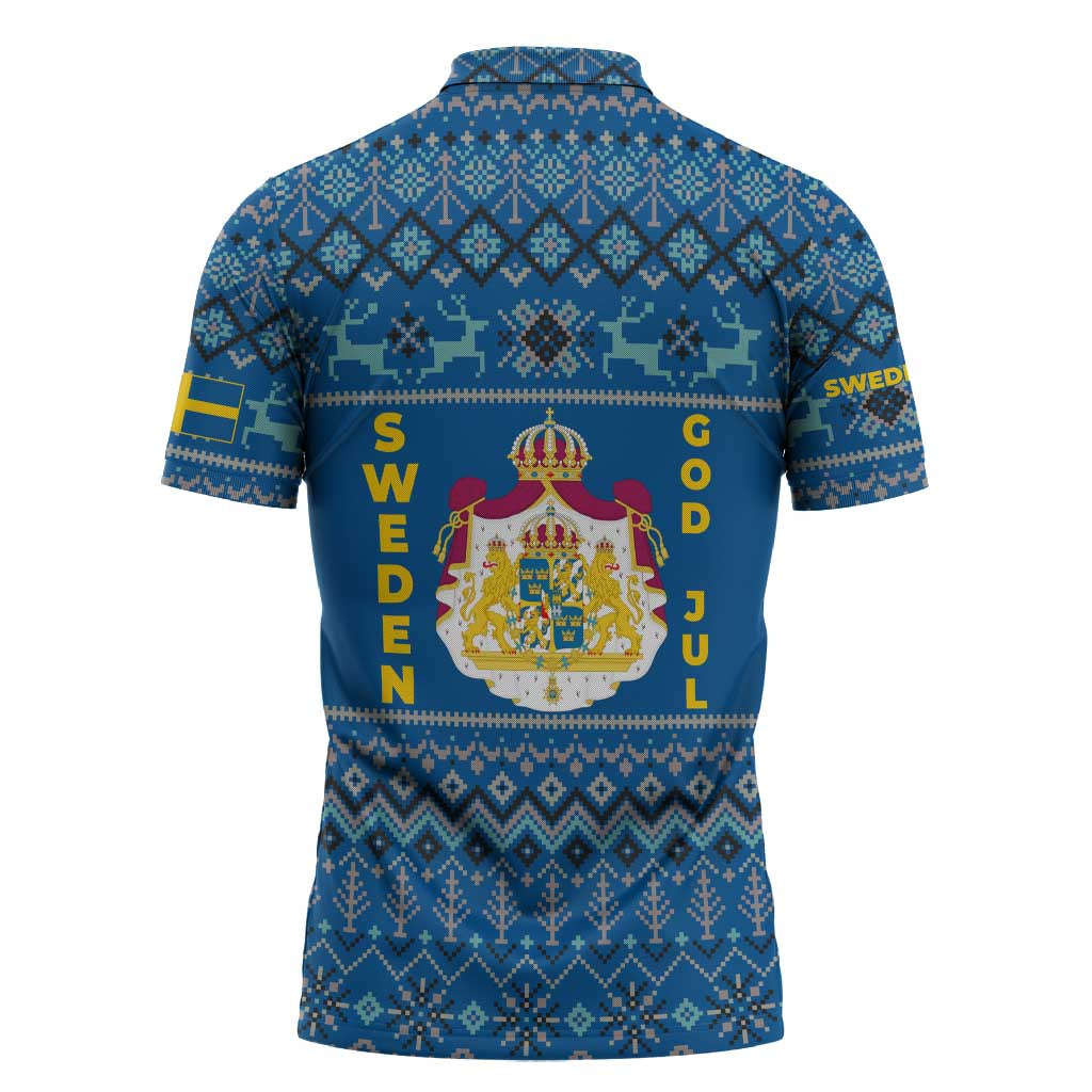 Sweden Christmas Zipper Polo Shirt with Gnome Yule Goat Royal Crest and Nordic Pattern - Wonder Print Shop