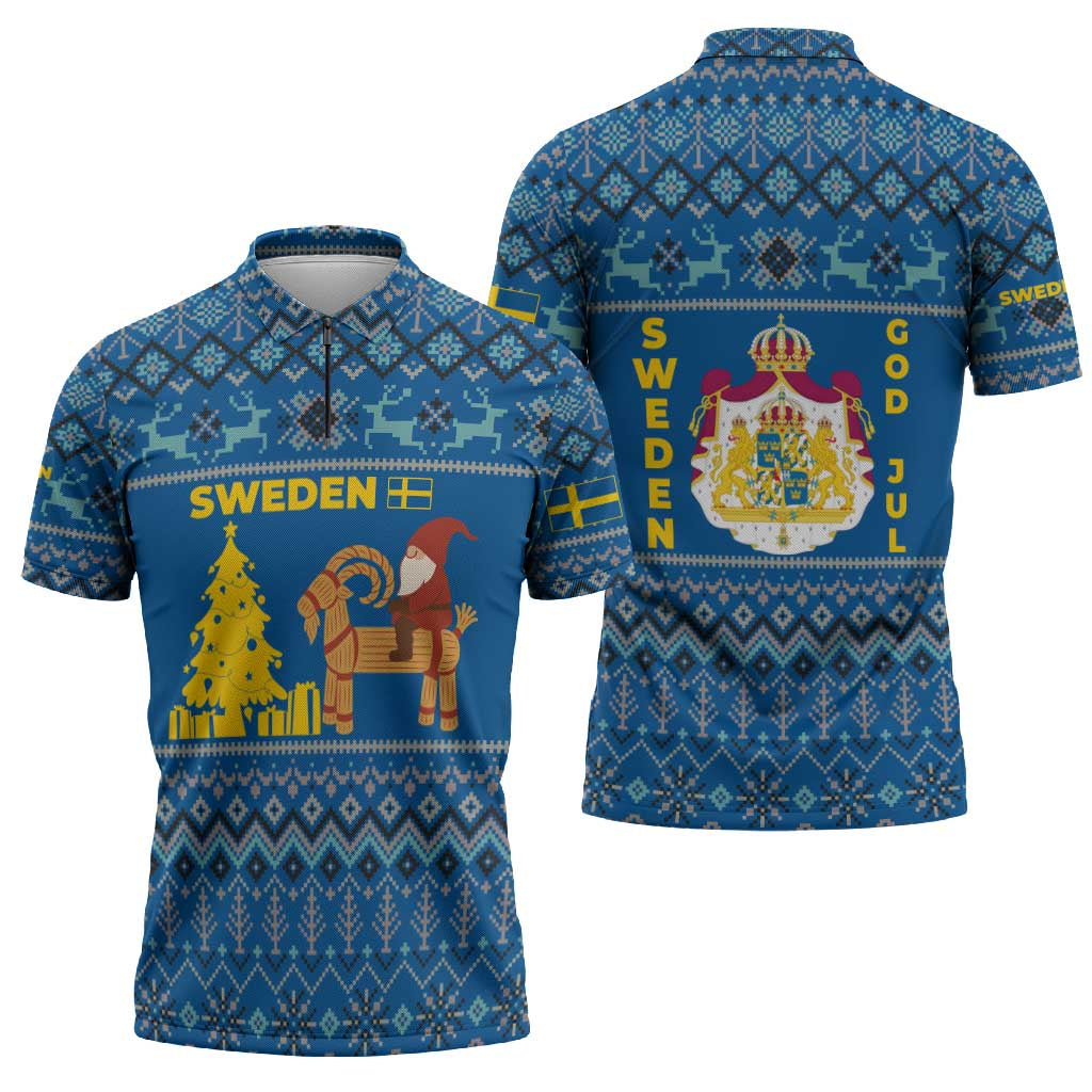 Sweden Christmas Zipper Polo Shirt with Gnome Yule Goat Royal Crest and Nordic Pattern - Wonder Print Shop
