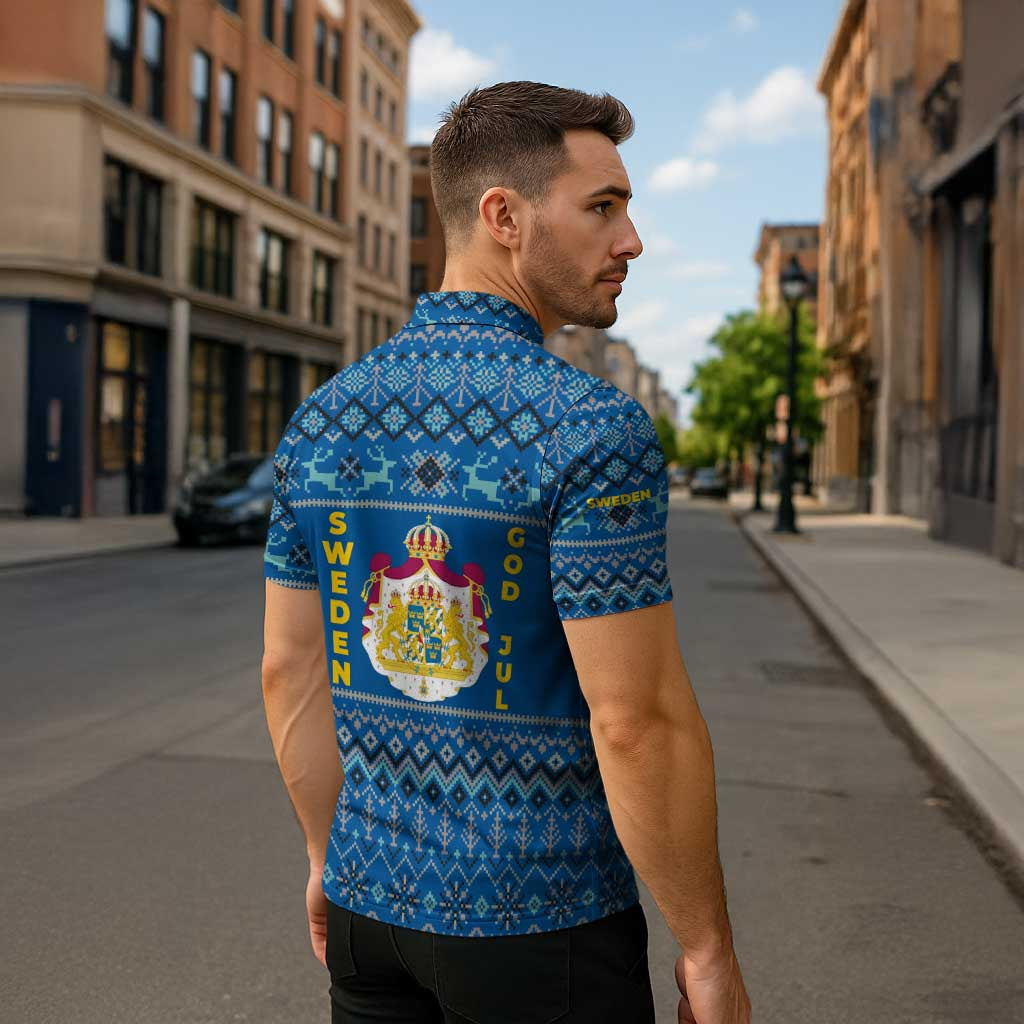 Sweden Christmas Zipper Polo Shirt with Gnome Yule Goat Royal Crest and Nordic Pattern - Wonder Print Shop